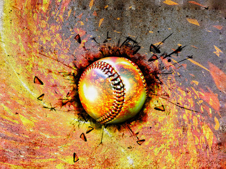Baseball ball with flames on a grunge background. Computer generated illustration.の写真素材