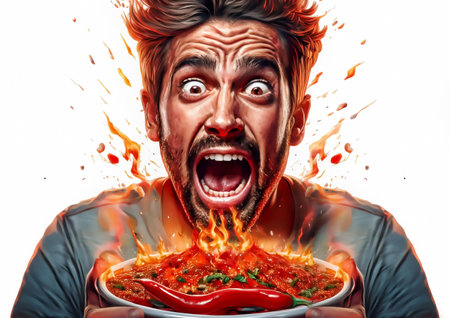 Funny man holding a bowl of hot chili peppers and shouting.の素材