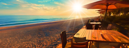 Cafe on the beach at sunset. Panoramic image.の素材