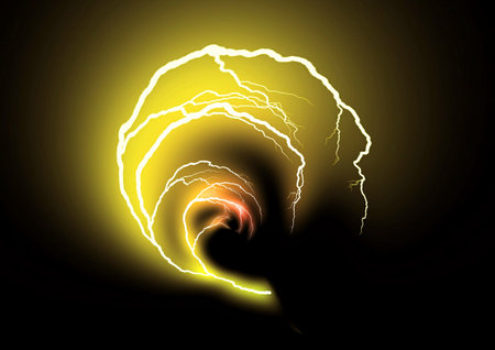 3D illustration of golden lightning swirls on a black background