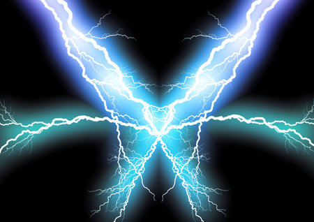 3d illustration of brilliant blue lightning on a black backgroundの写真素材