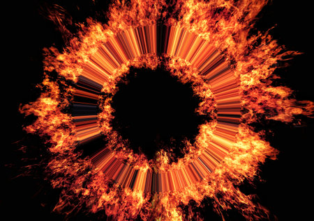 Burning fire circle isolated on black background. 3D illustration.