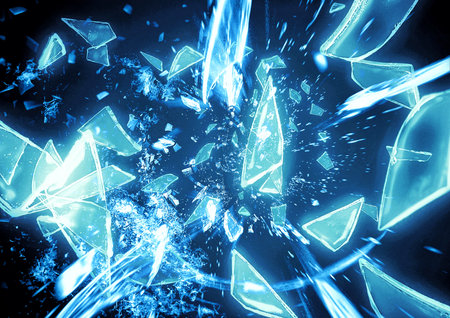 3d illustration of broken blue glass shards scattering on black background