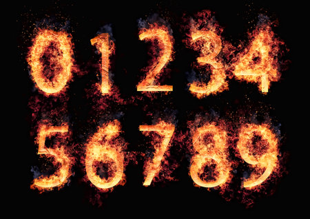3d illustration of burning flame numbers on black backgroundの写真素材