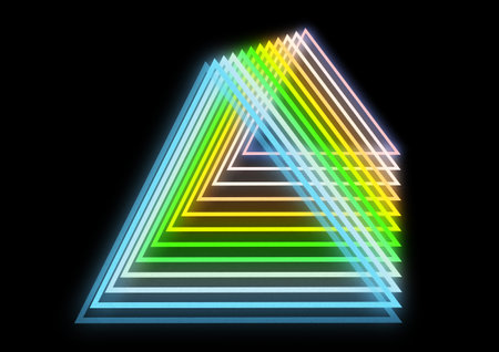 Neon triangle in the form of a pyramid on a black backgroundの写真素材