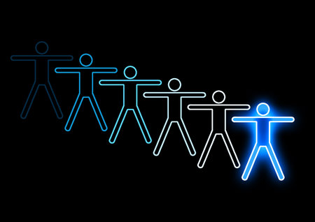 Neon sign of group of people. 3d illustration. Blue neon sign on a black background.の写真素材