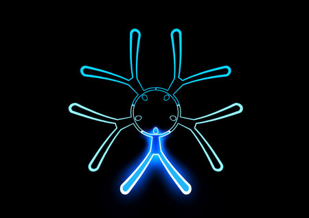 3d silhouette illustration of people holding hands drawn with blue neon light lines on black backgroundの写真素材