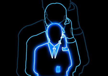 Group of business people silhouettes on a dark background with blue neon lightsの写真素材