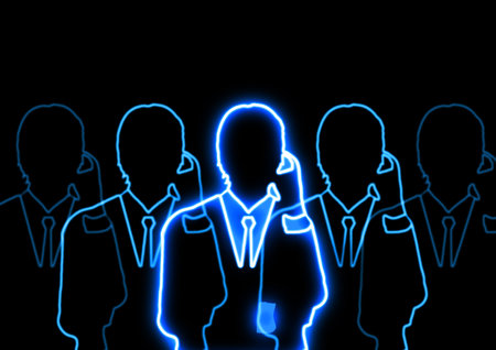 Group of business people silhouettes on a dark background with blue neon lightsの写真素材