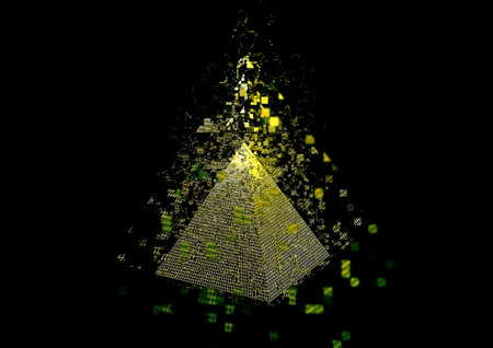 abstract 3d illustration of a golden pyramid on a black backgroundの写真素材