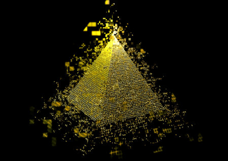 abstract 3d illustration of a golden pyramid on a black backgroundの写真素材