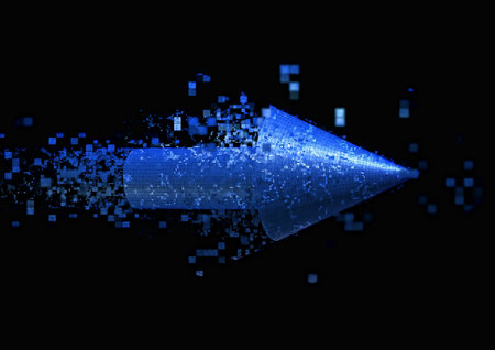 3d illustration of blue arrows scattering on black backgroundの写真素材