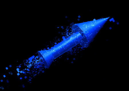 3d illustration of a three-dimensional blue arrow with a dispersing effectの写真素材