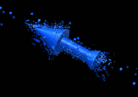 3d illustration of a three-dimensional blue arrow with a dispersing effectの写真素材