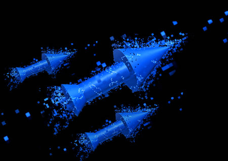 3d rendering blue arrow flying with dispersion effectの写真素材