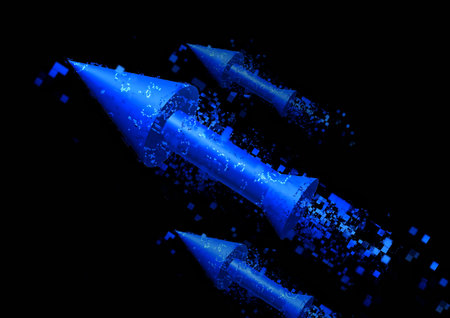 3d rendering blue arrow flying with dispersion effectの写真素材