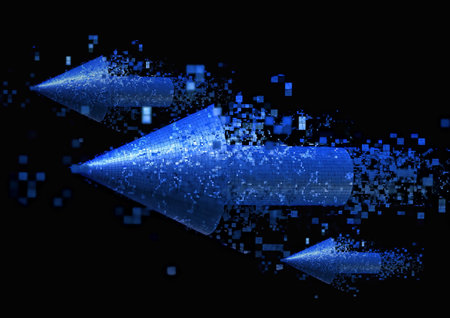 3d rendering of a blue digital arrow on a black background.の写真素材