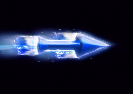 3d rendering of a flying blue digital arrow on a black background with text spaceの写真素材
