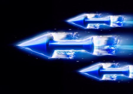 Glowing blue arrows on black background. Computer generated 3D photo rendering.の写真素材