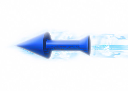 3d rendering of a flying blue digital arrow on a white background with text spaceの写真素材