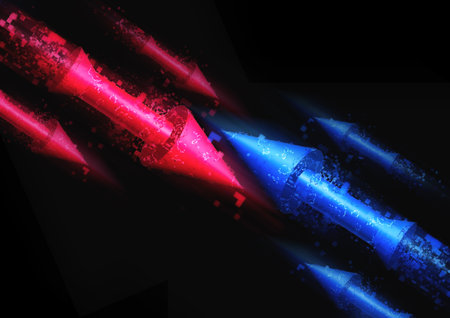 3d rendering of flying blue and red digital arrows on a black backgroundの写真素材