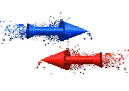 3d illustration of a red and blue arrows on a white background.の写真素材