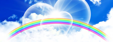 3d illustration of a heart shaped cloud and rainbow in a refreshing blue sky with text spaceの写真素材
