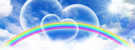 Rainbow and heart in the sky. Valentine's day background.の写真素材