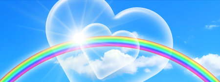 Rainbow in the sky with clouds and hearts. 3d illustration.の写真素材