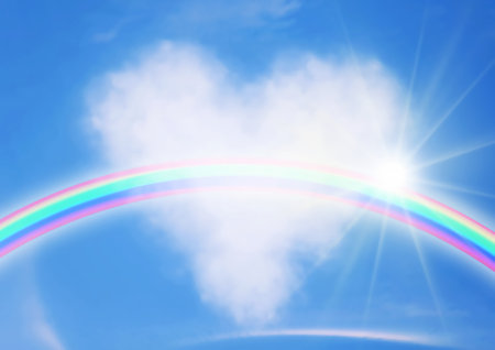 Rainbow in the blue sky with clouds and sun, abstract backgroundの写真素材
