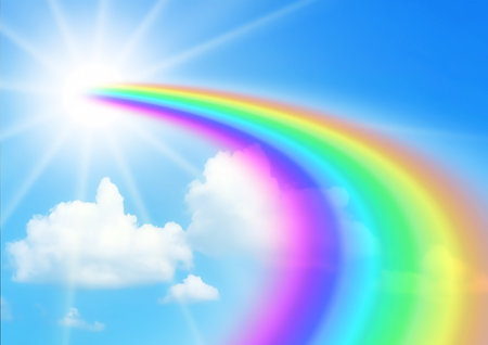 3d illustration of a rainbow in a blue sky with clouds and the sunの写真素材