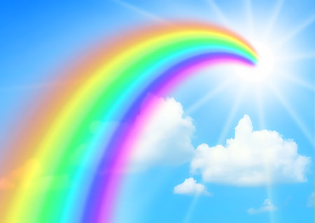 3d illustration of a rainbow in a blue sky with clouds and sun with text spaceの写真素材