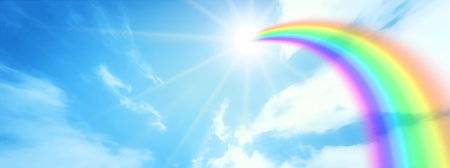 Rainbow in the blue sky with clouds and sun. 3D illustrationの写真素材