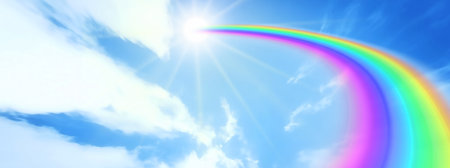 Rainbow in the blue sky. 3d rendering. Computer digital drawing.の写真素材