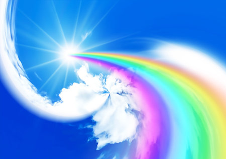 rainbow and clouds in the blue sky with space for your textの写真素材