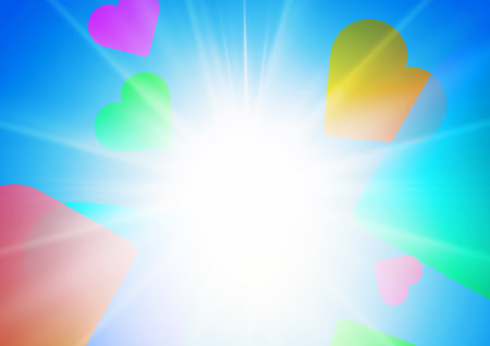 valentine's day background with hearts on blue sky and sunの写真素材