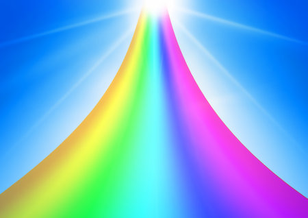 Abstract rainbow background with rays of light and lens flare. 3d illustration.の写真素材