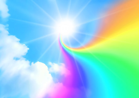 3d illustration of abstract rainbow and sun in blue sky in fantasy landscapeの写真素材