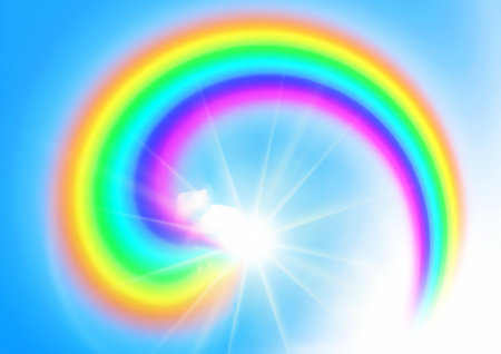 3d illustration of abstract rainbow and sun in blue sky in fantasy landscapeの写真素材