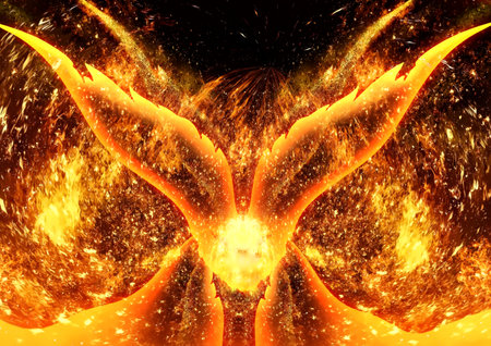 3d illustration of fire flames bursting into abstract shapes on black backgroundの写真素材