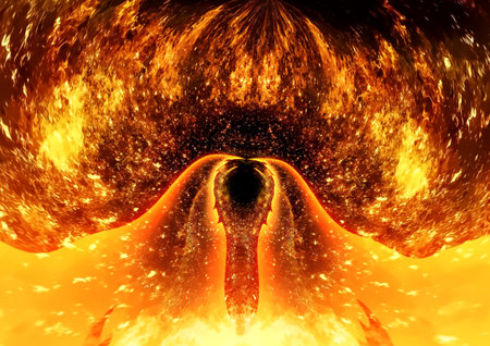 3d illustration of fire flames bursting into abstract shapes on black backgroundの写真素材
