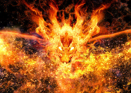 3d illustration of abstract fire flames bursting into the shape of a dragonの写真素材