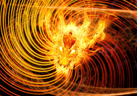 3d illustration of abstract fire flames bursting into the shape of a dragonの写真素材