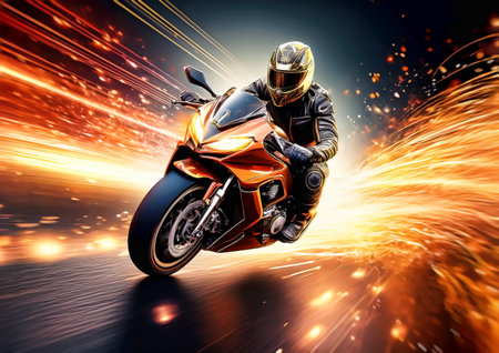 Motorcycle rider in helmet driving a sport motorbike on fast motion blur background.の素材