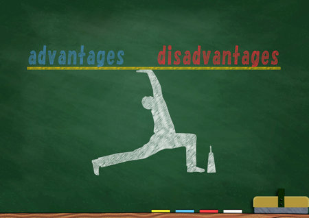 Silhouette illustration of a person balancing advantages and disadvantages in business concept drawn with chalk on a blackboardの写真素材