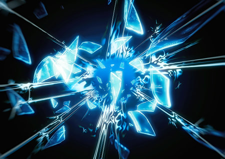 Abstract 3d illustration background of blue luminous glass shards splattered