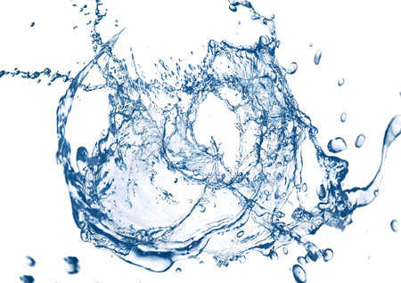 blue water splash isolated on white background. close up.の写真素材