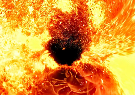 Burning fire in the form of a heart on a black backgroundの写真素材