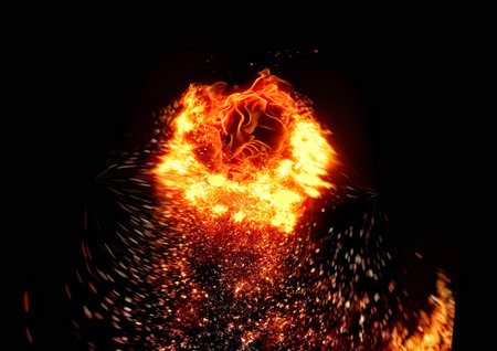 Flame of fire with sparks on a black background. Fire in the night.の写真素材