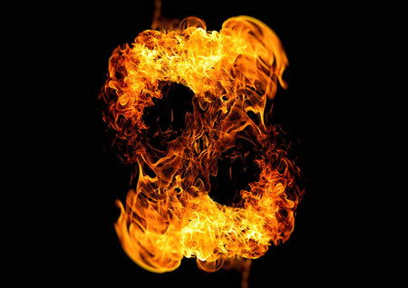 Fire flames collection isolated on black background with copy space for your textの写真素材